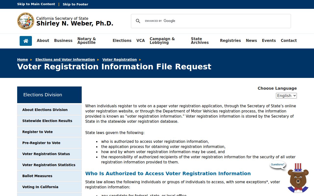 Bakersfield resident lookup California voter file request rules